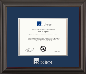 Satin black wooden diploma frame with double matting and silver embossed logo